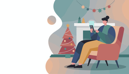Relaxing person uses smartphone for holiday digital services next to a Christmas tree