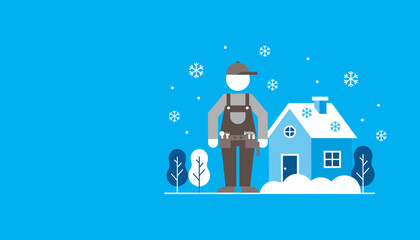 Handyman contractor standing by a snowy house in winter Professional home maintenance service illustration