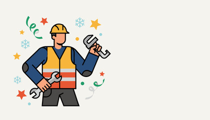 Skilled worker in hard hat celebrating winter holidays with wrench tools Professional illustration