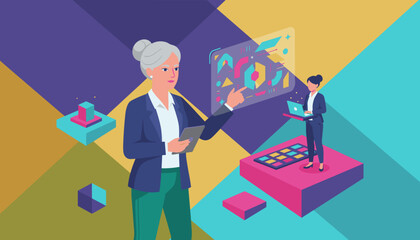 Experienced businesswoman reviews digital data with team support using futuristic technology