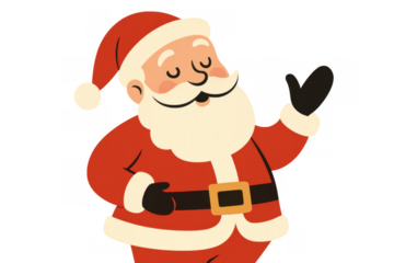 Santa claus cartoon character wearing red suit, white beard, and hat, waving with an open hand gesture, transparent background