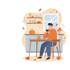 Smiling man using phone in cozy autumn kitchen Digital connection and fall lifestyle illustration
