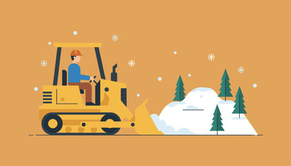 Bulldozer clearing snow in winter Heavy equipment maintenance work illustration