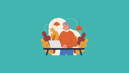 Senior woman works on laptop in a cozy autumn setting emphasizing remote learning or modern retirement