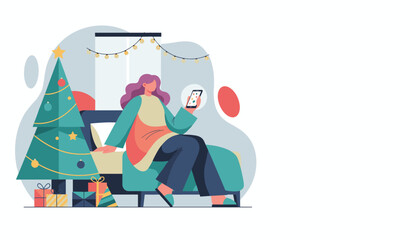 Cozy woman using smartphone by Christmas tree Holiday relaxation communication or online shopping