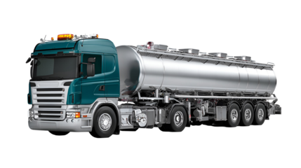 Green and silver tanker truck isolated on transparent background