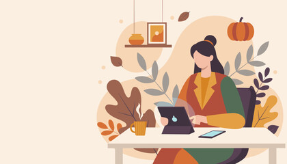 Remote worker uses tablet in cozy autumnal office setting WFH concept