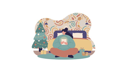 Woman reading next to a Christmas tree and gifts in a cozy bedroom Winter holidays concept