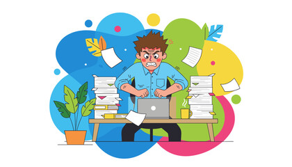 Stressed employee overwhelmed by excessive paperwork and deadlines Job burnout concept illustration