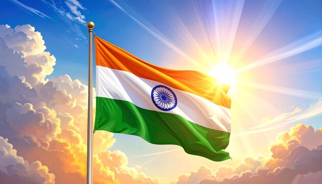 “The Indian flag waving under radiant sunlight and clouds, symbolizing hope, pride, and unity.”