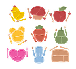 Set of kids tableware set collection. Baby cutlery silicone plate cartoon with fork and spoon, kitchen dish, animal and vegetable shape, dishware children feeding, eating toddler divider illustration