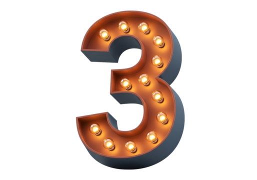 Retro marquee number three with lights isolated on transparent background