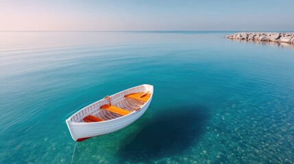 Fototapeta premium Tranquil White Rowboat Adrift on Crystal Clear Blue Water Under a Soft Sky