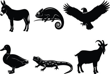 Animal silhouette bundle, black vector icons, wild and farm creatures, side profile shapes, bird reptile mammal set, isolated graphic pack