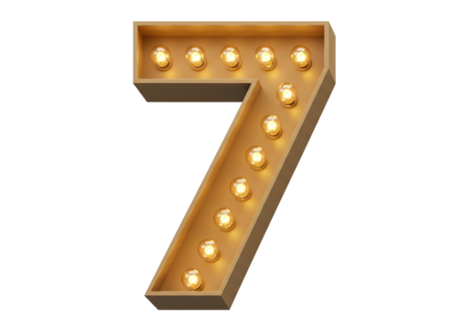 Retro marquee number 7 with illuminated bulbs isolated on transparent background