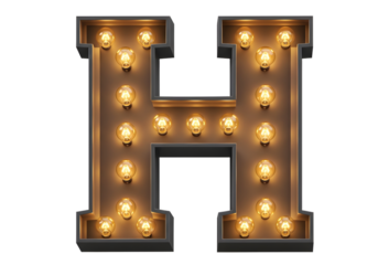 Vintage illuminated letter h with warm glowing bulbs isolated on transparent background