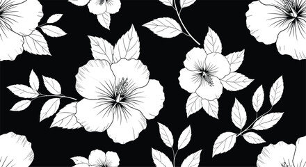 Black and white floral pattern, hibiscus flowers, leaf cluster design, line art style, decorative vector, elegant botanical illustration © Mostafizar
