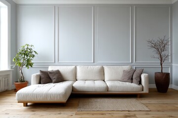 Elegant sectional sofa with plants in a bright minimalist living room.