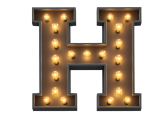 Vintage illuminated letter h with warm glowing bulbs isolated on transparent background