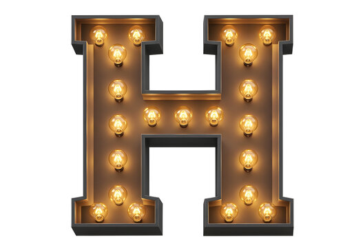 Vintage illuminated letter h with warm glowing bulbs isolated on transparent background