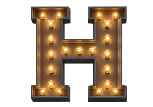 Vintage illuminated letter h with warm glowing bulbs isolated on transparent background