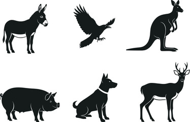 Animal silhouette set, black wildlife icons, domestic and wild animal shapes, vector nature graphics, stock illustration, isolated animal collection