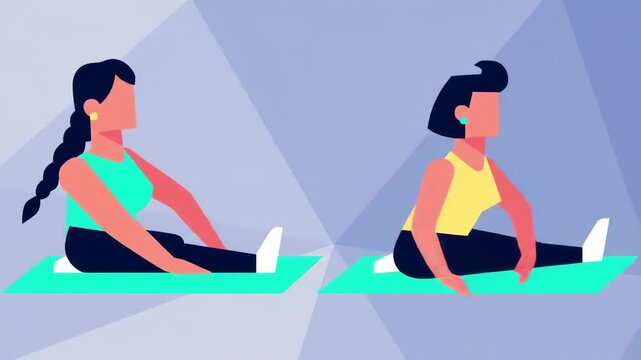Vector illustration of two women practicing stretching exercises on mats. A flat modern graphic showing a fitness routine for health and wellness