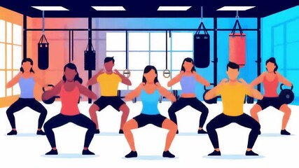 Dynamic group fitness class with diverse people performing synchronized squat exercises in a modern gym illustration - Powered by Adobe