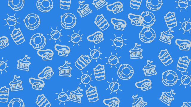 holiday pattern summer themed doodles of floats, suns, and beachside structures suitable for creating fun and vibrant seasonal designs and decorations.