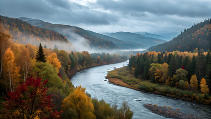 Obraz premium autumn in the mountains, where the clouds descend, edge of the misty river, nature’s silent symphony, into the mist bound wild