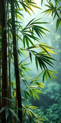 Naklejka premium Bamboo leaves gracefully sway in a misty, ethereal landscape, leaves, mist