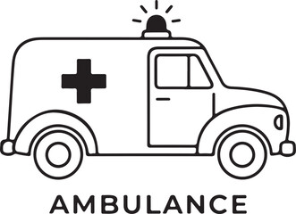 Simple line art illustration of an ambulance with a red cross and flashing light