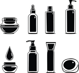 Illustration of assorted cosmetic products in black and white minimalist style arrangement on white background