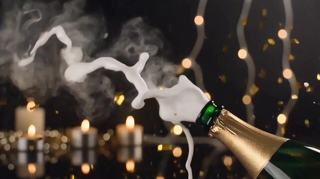 A close-up of a champagne bottle popping with a celebratory explosion of foam and glitter