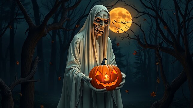 A spooky ghost holding a jack o lantern at night