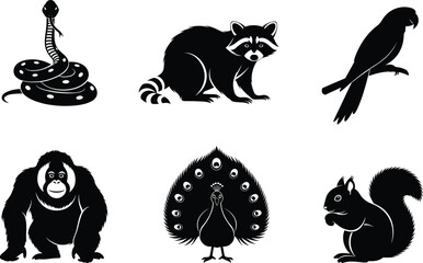 Animal silhouette set, cobra, raccoon, parrot, gorilla, peacock, squirrel icons, black vector shapes, nature symbols, wildlife graphic design