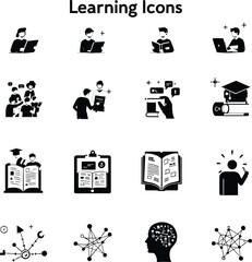 Collection of learning icons depicting education knowledge and intellectual development processes in black and white