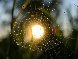 Naklejka premium Dewdrops sparkling on delicate spiderwebs in the early morning sun, outdoors, art