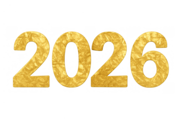 Golden 2026 number with crumpled foil texture on transparent background, symbolizing new year celebration