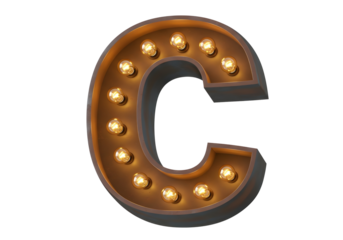 Retro illuminated letter c with warm glowing bulbs isolated on transparent background