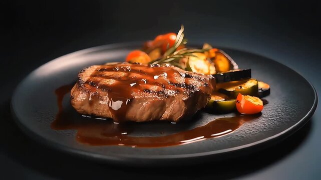 A perfectly grilled juicy beef steak served with a medley of roasted vegetables and a rich sauce
