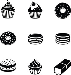 Black and white icons of cupcakes donuts macarons and a chocolate bar arranged on white background