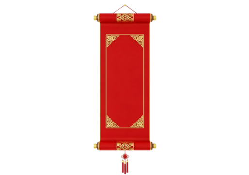 Traditional red scroll with gold trim isolated on transparent background