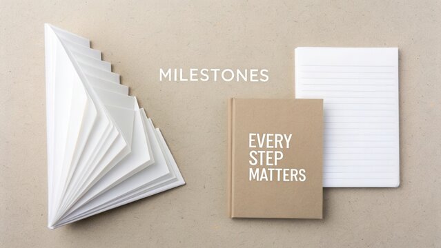 Minimalist flat lay featuring milestones book and notepad emphasizing personal growth and achievement in a clean design