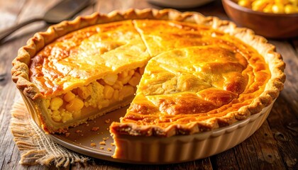 Golden Baked Corn Pie with Flaky Crust and Sweet Corn Filling on Rustic Wooden Table with Soft Daylight Illumination