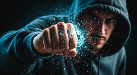 An intense portrait of a determined man throws a powerful, energy-charged punch, his focused gaze and the dynamic effect creating a visually striking display of strength and aggression.