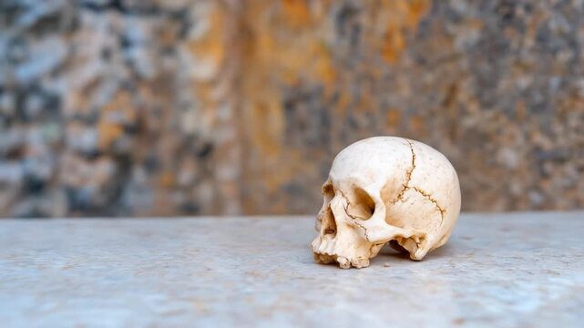 Human skull bone on a stone surface with a blurred wall background representing mortality anatomy and history