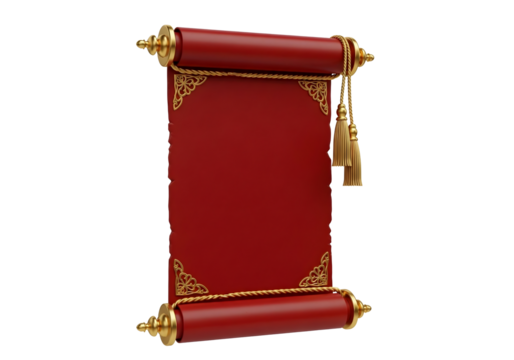 Ornate red scroll with gold accents isolated on transparent background