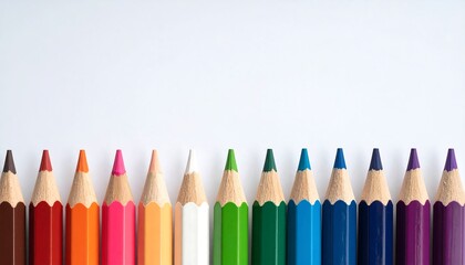 Close-up of colorful pencils in a row against a white background
