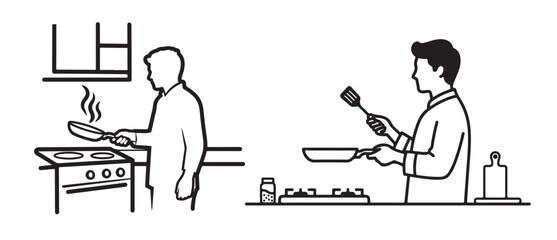 Line person cooking at stove and another person holding frying pan with spatula, depicting home cooking and culinary activities